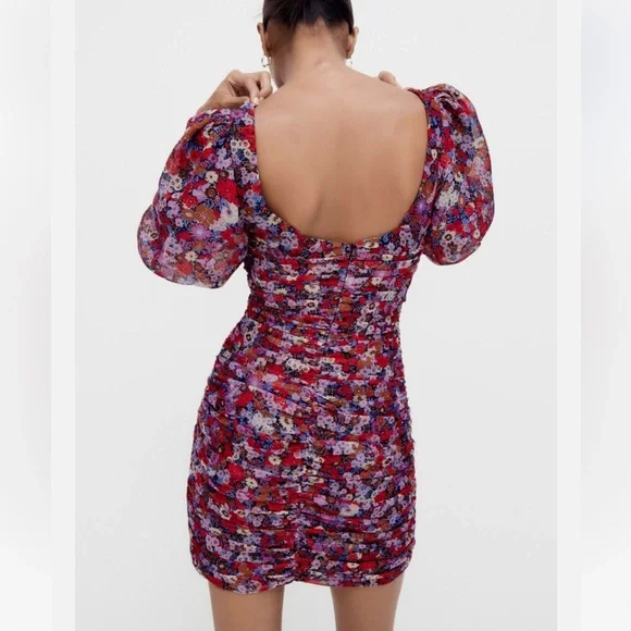 Zara Red Floral Short Sleeve Mini Dress - Picture 4 of 8